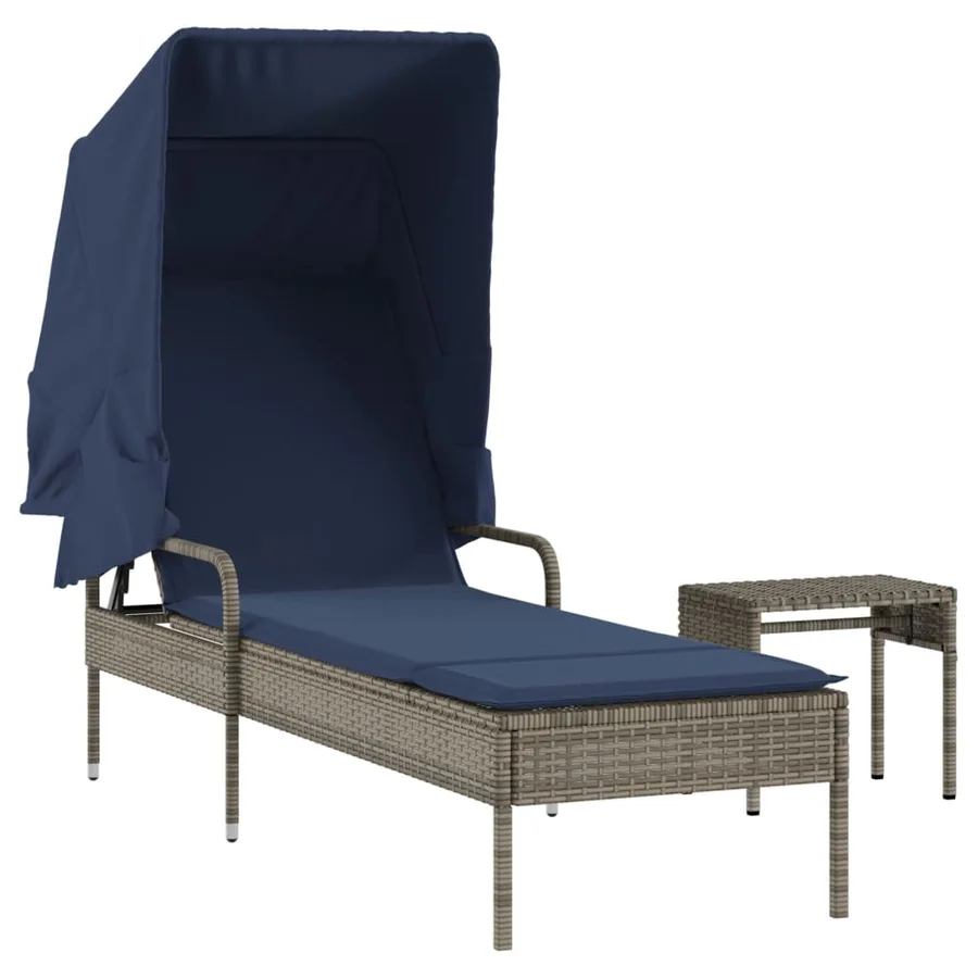 Chaise longue avec auvent et table gris résine tressée - 62
