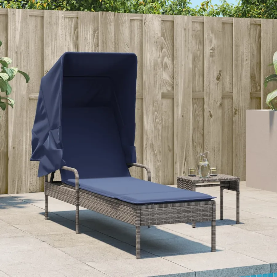 Chaise longue avec auvent et table gris résine tressée - 63