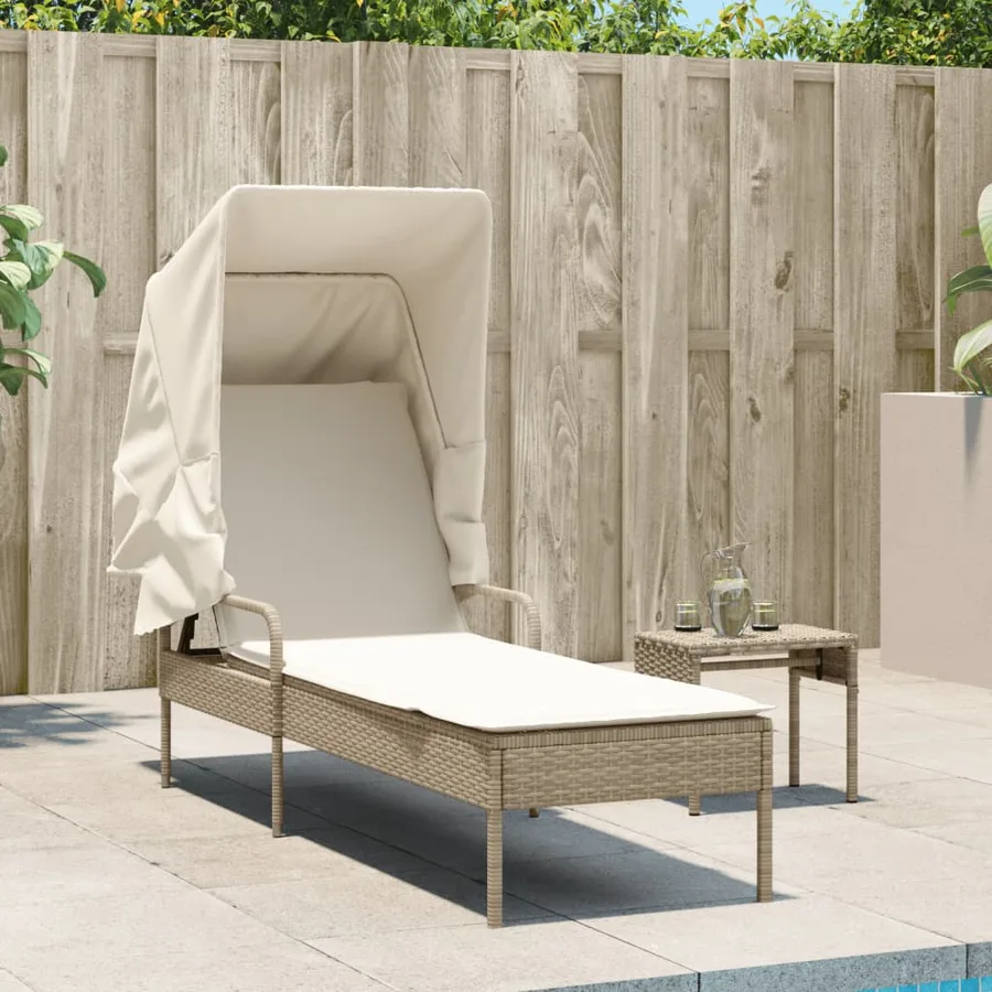 Chaise longue avec auvent et table gris résine tressée - 75