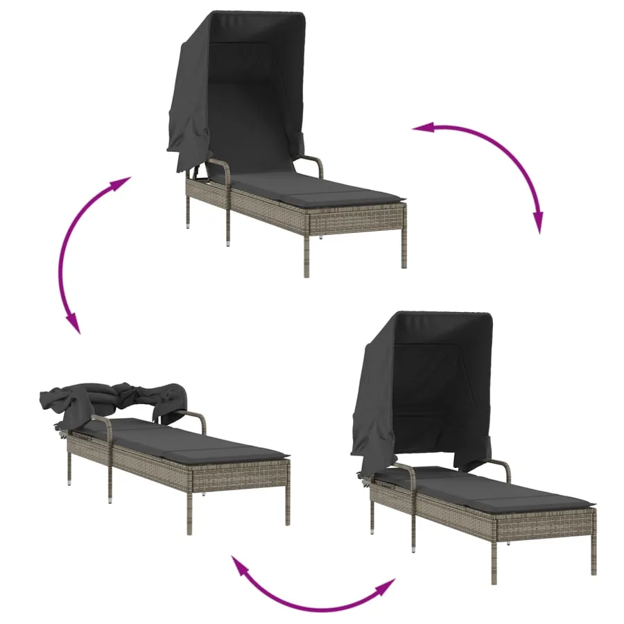Chaise longue avec auvent et table gris résine tressée - 8