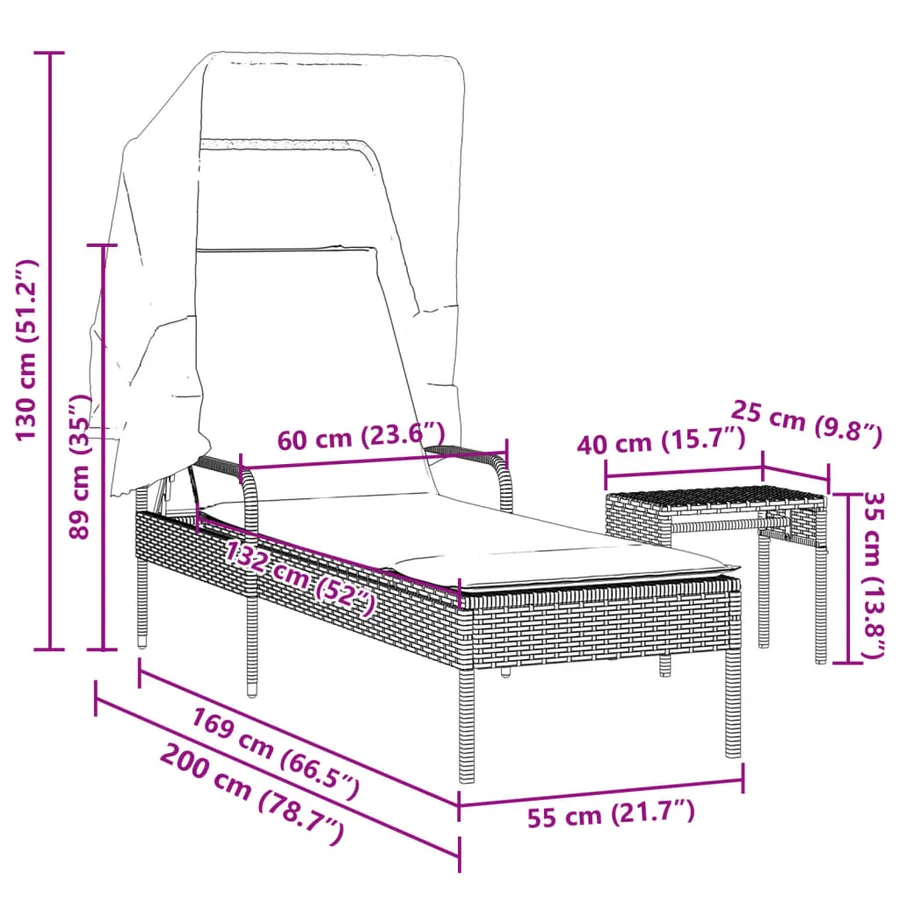 Chaise longue avec auvent et table gris résine tressée - 83