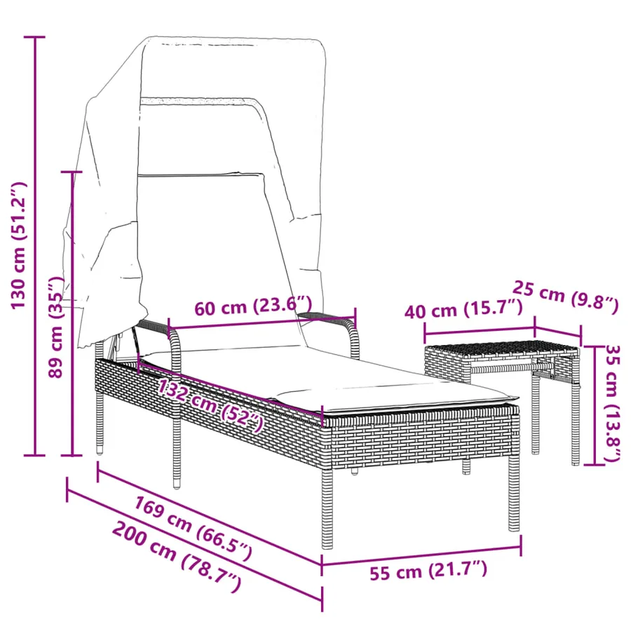 Chaise longue avec auvent et table gris résine tressée - 95
