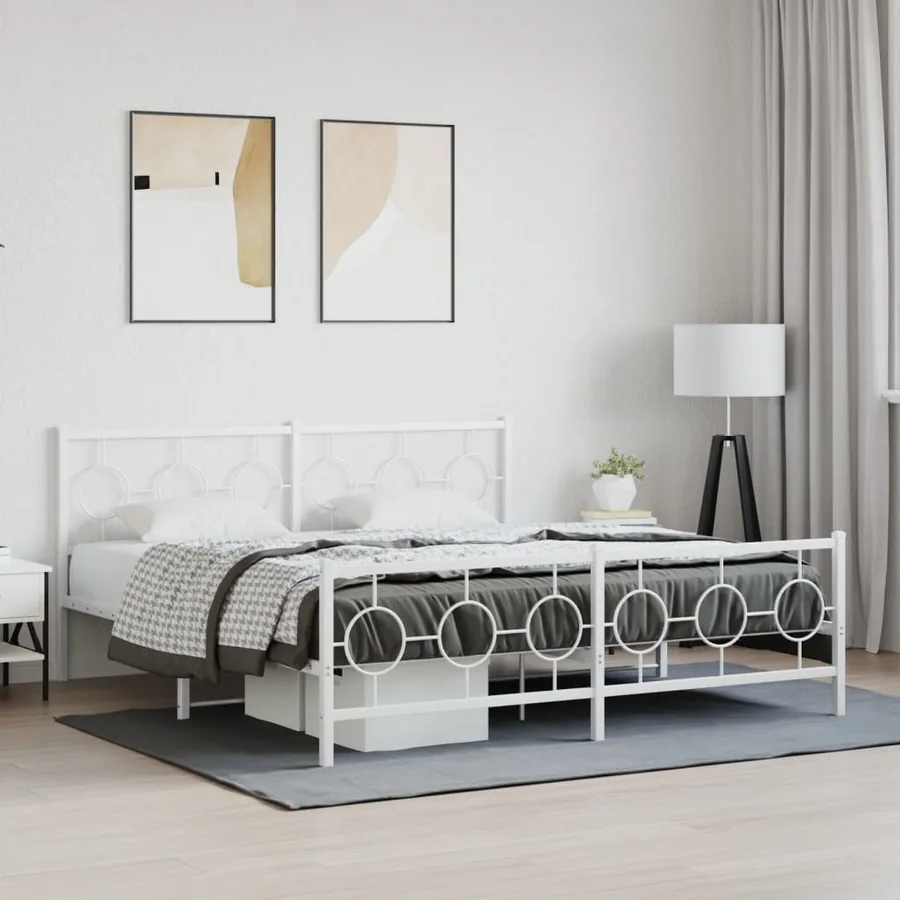 Cadre de lit métal sans matelas et pied de lit blanc 183x213 cm