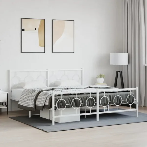 Cadre de lit métal sans matelas et pied de lit blanc 183x213 cm