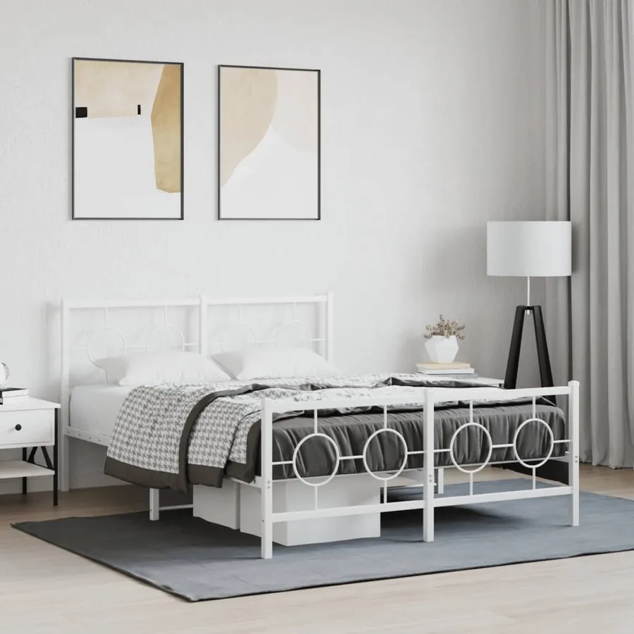 Cadre de lit métal sans matelas et pied de lit blanc 140x190 cm
