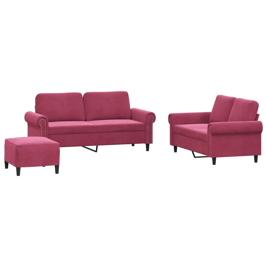 Ensemble de canapés 3 pcs avec coussins Rouge bordeaux Velours - 2