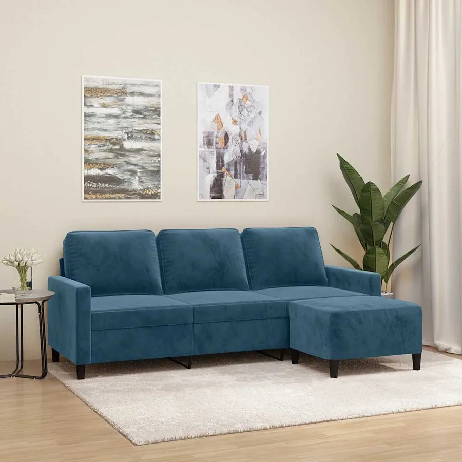 Canapé à 3 places avec repose-pieds Bleu 180 cm Velours
