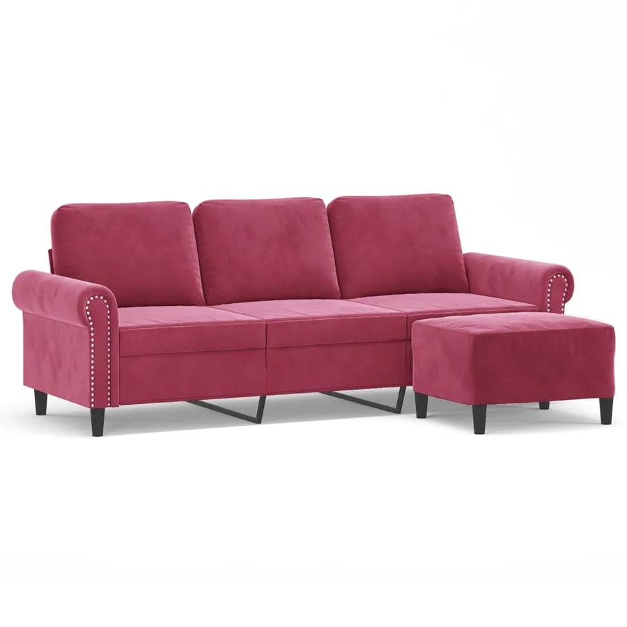 Canapé à 3 places et repose-pieds Rouge bordeaux 180 cm Velours - 2