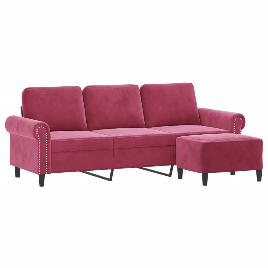 Canapé à 3 places et repose-pieds Rouge bordeaux 180 cm Velours - 3