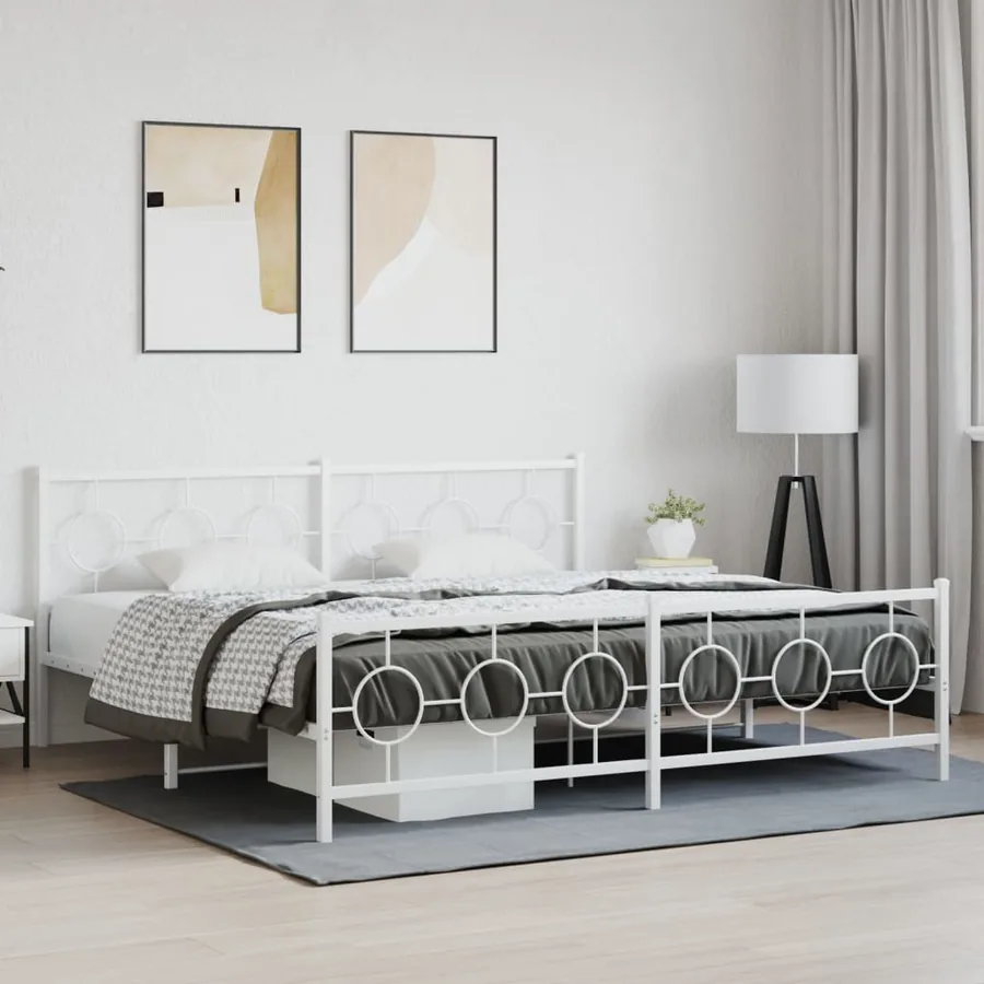 Cadre de lit métal sans matelas et pied de lit blanc 200x200 cm