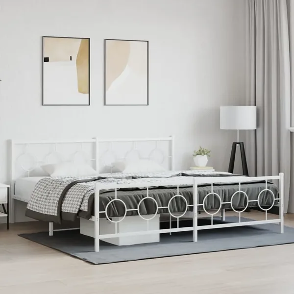 Cadre de lit métal sans matelas et pied de lit blanc 200x200 cm