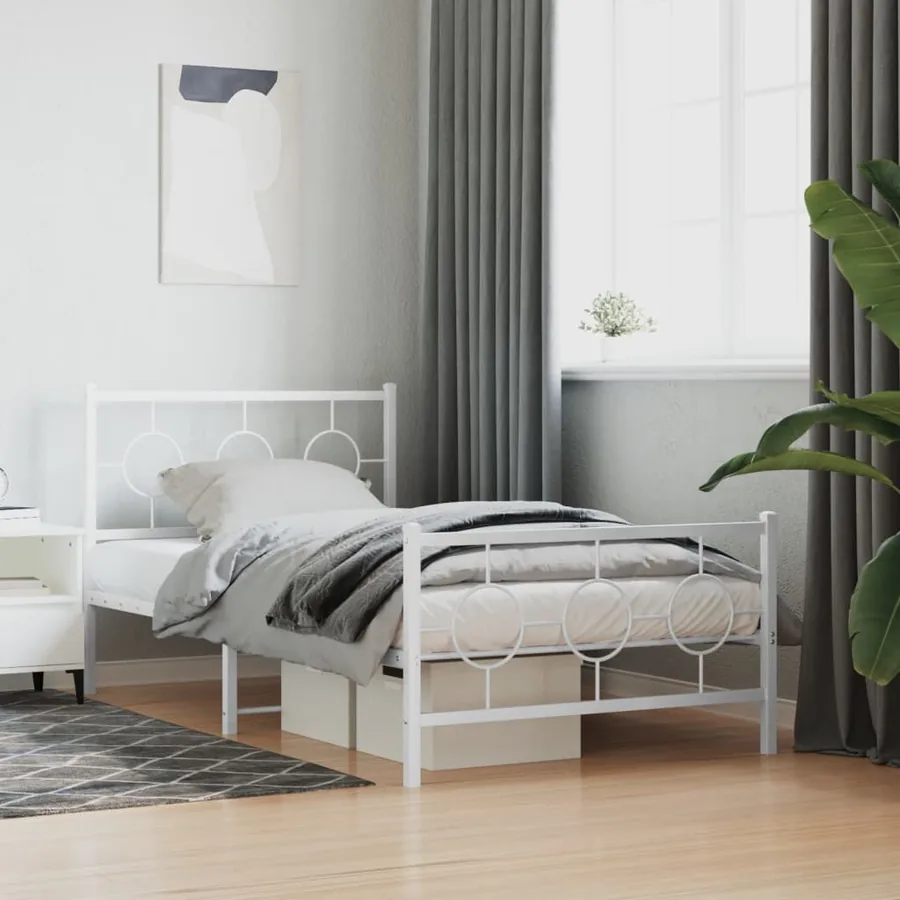 Cadre de lit métal sans matelas et pied de lit blanc 100x190 cm
