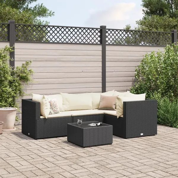 Salon de jardin 5 pcs avec coussins Noir Résine tressée