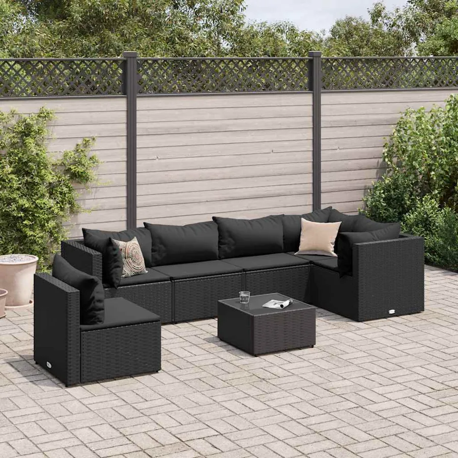 Salon de jardin 7 pcs avec coussins Noir Résine tressée 63 x 63 x 57,5 cm - 48,9 kg