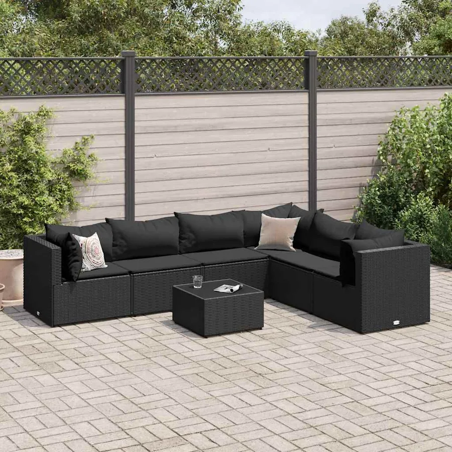 Salon de jardin 7 pcs avec coussins Noir Résine tressée 63 x 63 x 57,5 cm - 48,9 kg