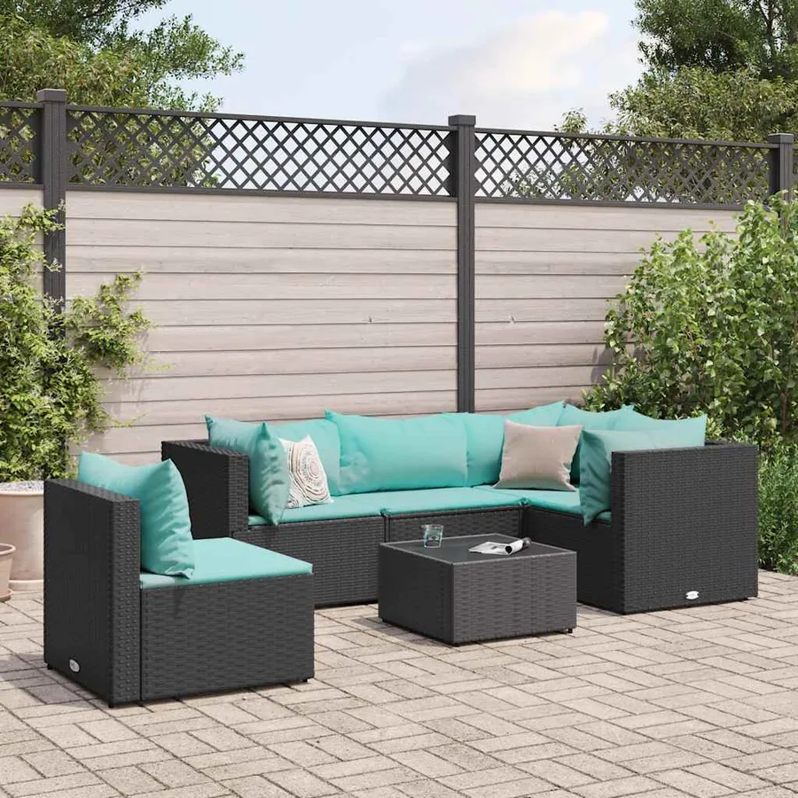 Salon de jardin 6 pcs avec coussins Noir Résine tressée