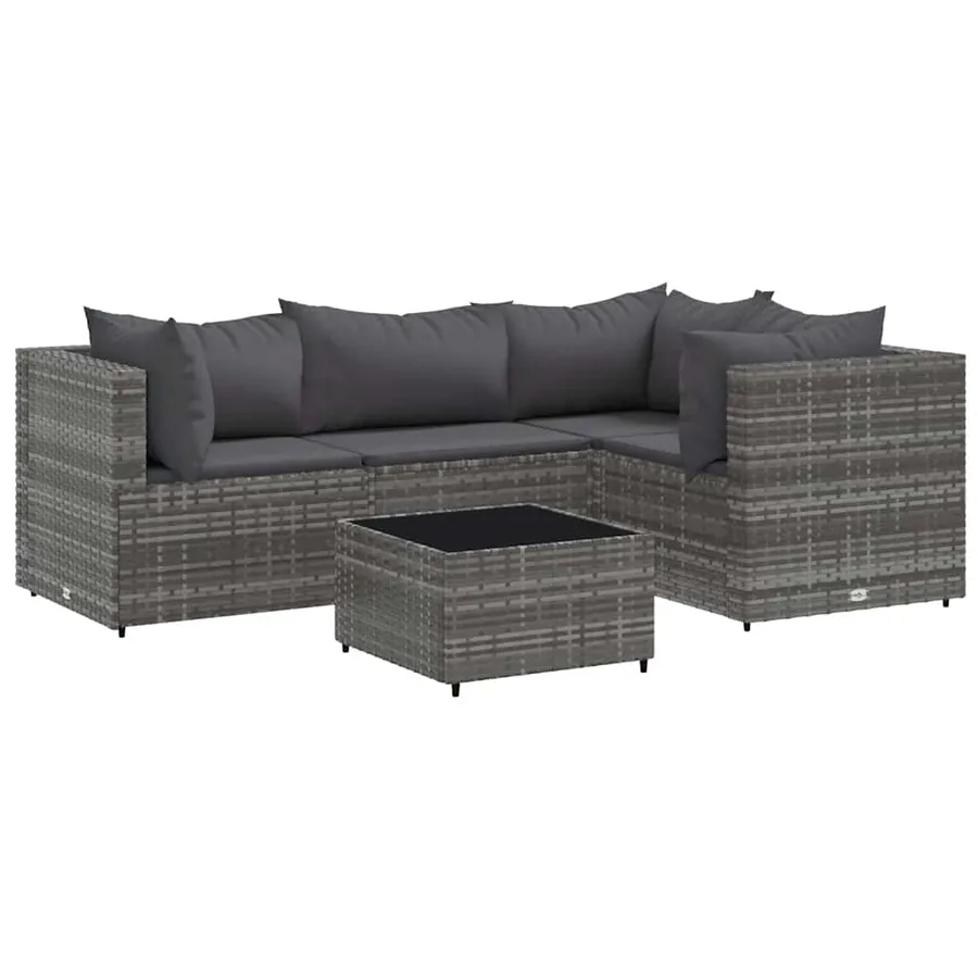 Salon de jardin 5 pcs avec coussins Gris Résine tressée - 2