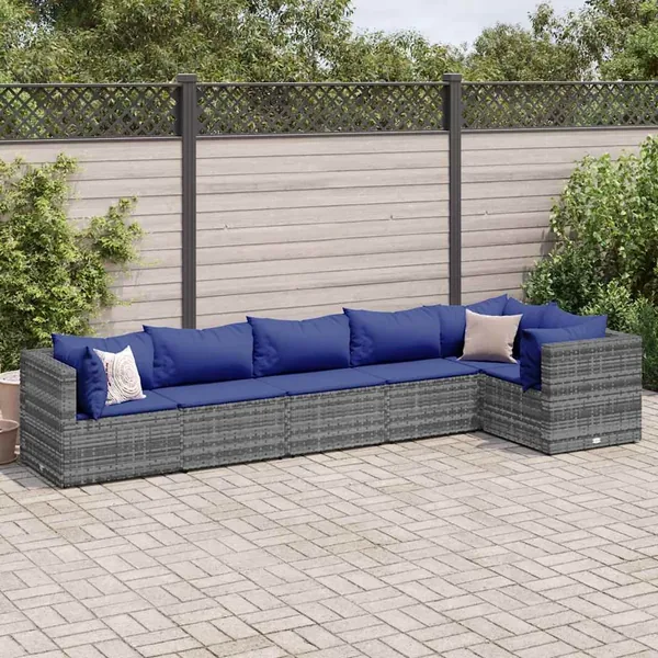Salon de jardin 6 pcs avec coussins Gris Résine tressée
