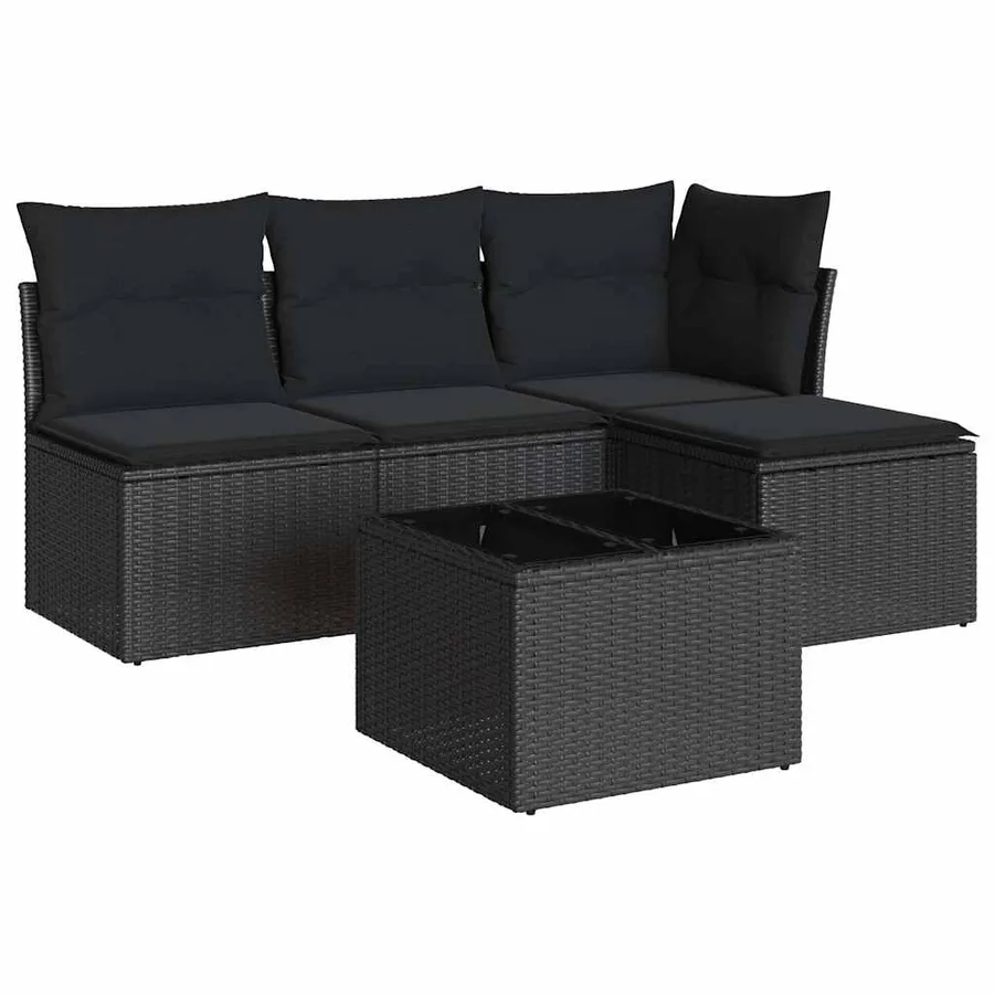 Salon de jardin 5 pcs avec coussins noir résine tressée - 2