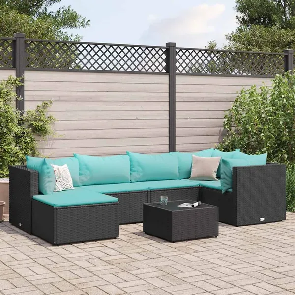 Salon de jardin 7 pcs avec coussins Noir Résine tressée 63 x 63 x 57,5 cm - 46,8 kg