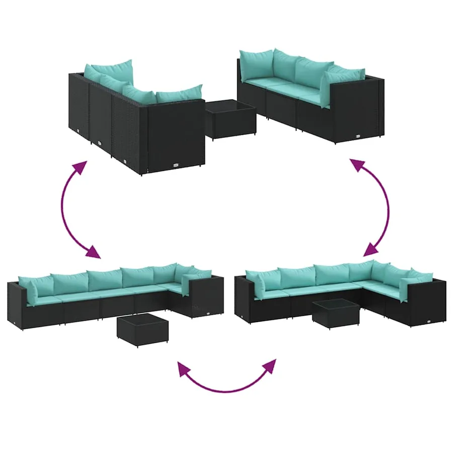 Salon de jardin 7 pcs avec coussins Noir Résine tressée 63 x 63 x 57,5 cm - 46,8 kg - 7