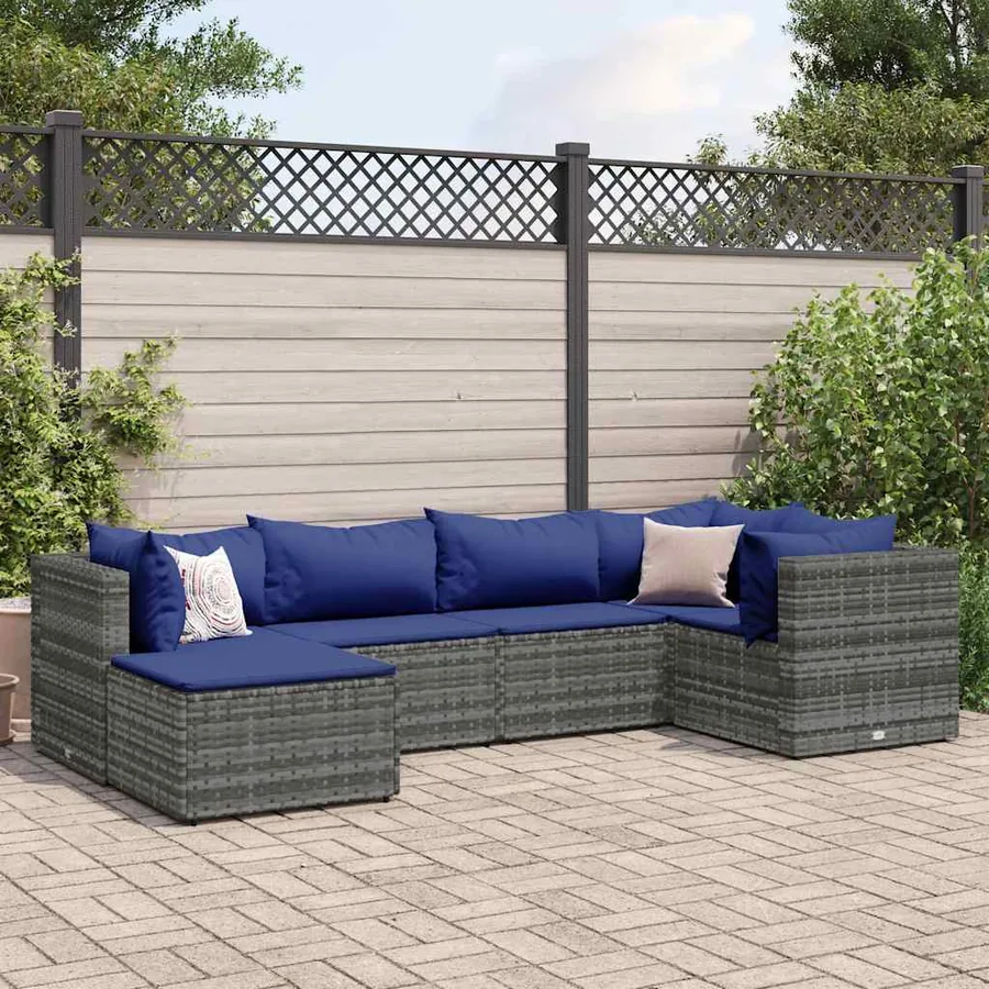 Salon de jardin 6 pcs avec coussins Gris Résine tressée