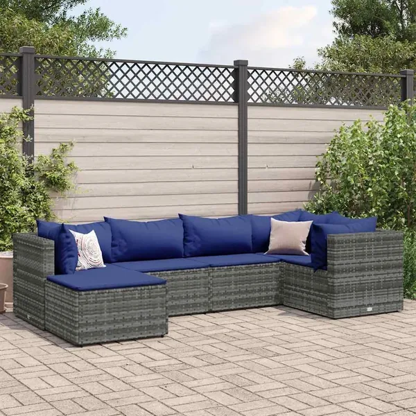 Salon de jardin 6 pcs avec coussins Gris Résine tressée