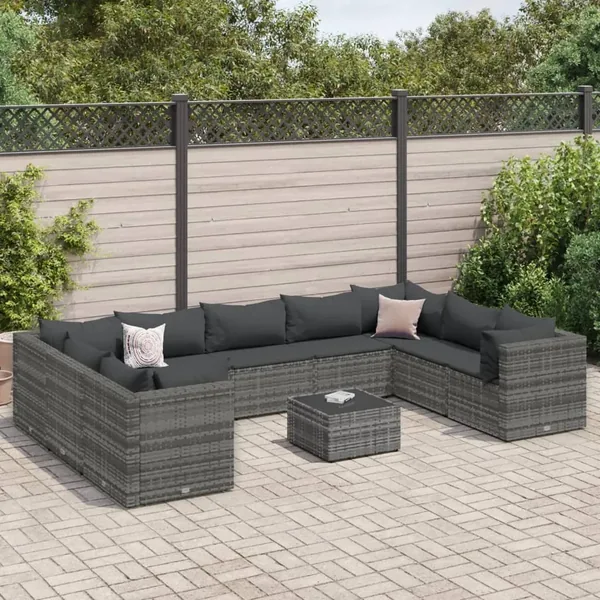 Salon de jardin 10 pcs avec coussins Gris Résine tressée