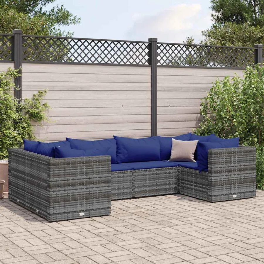 Salon de jardin 6 pcs avec coussins Gris Résine tressée