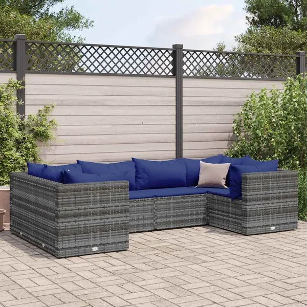 Salon de jardin 6 pcs avec coussins Gris Résine tressée