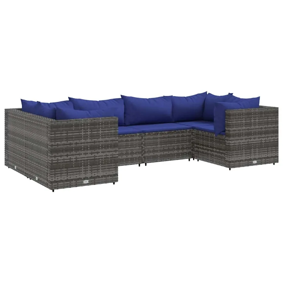 Salon de jardin 6 pcs avec coussins Gris Résine tressée - 2