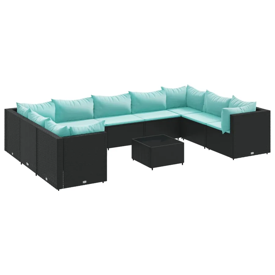 Salon de jardin 10 pcs avec coussins noir résine tressée - 2