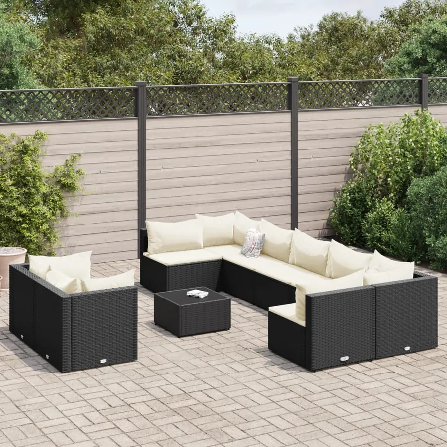 Salon de jardin 10 pcs avec coussins noir résine tressée