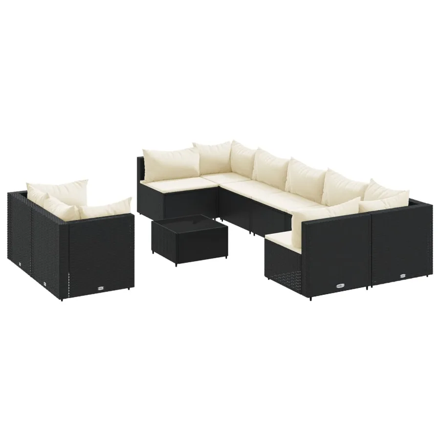 Salon de jardin 10 pcs avec coussins noir résine tressée - 2