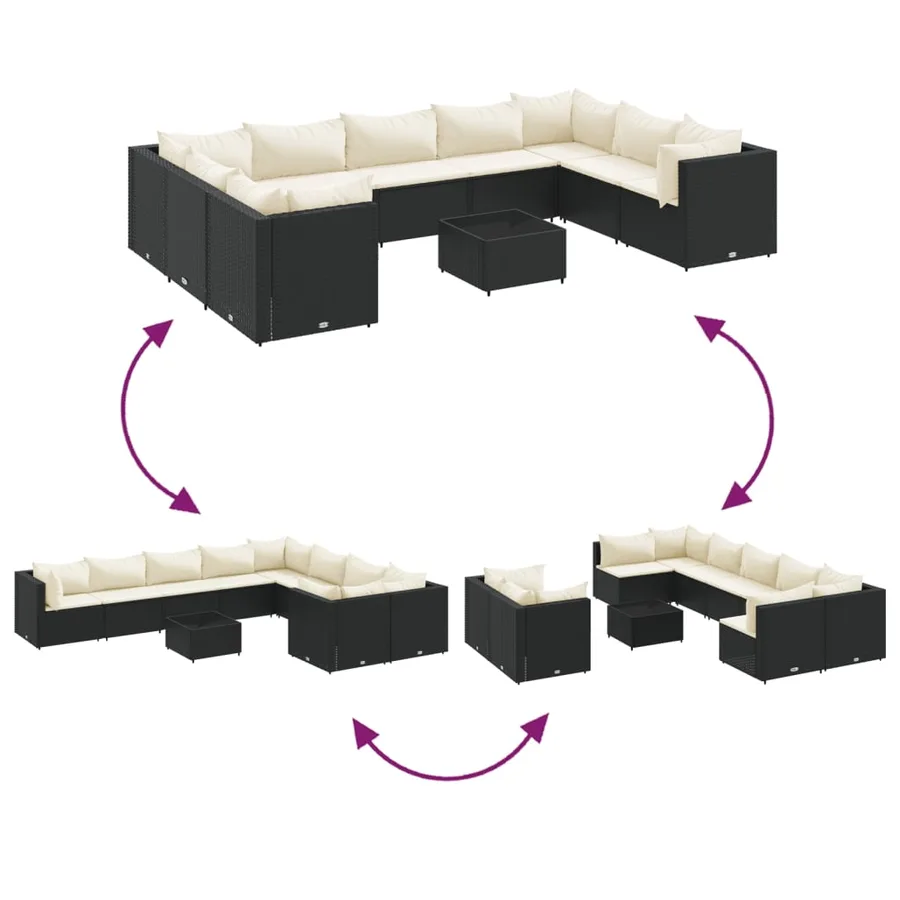 Salon de jardin 10 pcs avec coussins noir résine tressée - 6