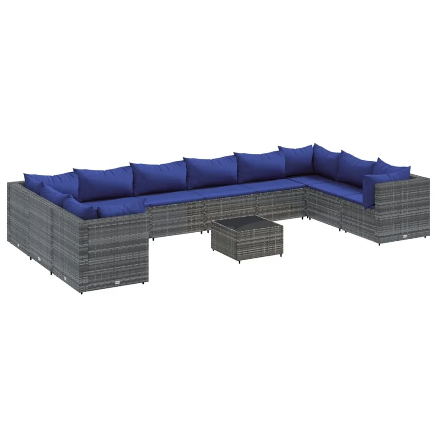 Salon de jardin 11 pcs avec coussins Gris Résine tressée - 2