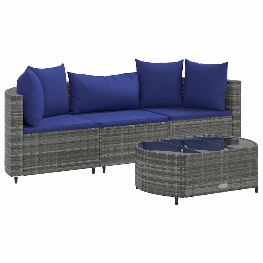 Salon de jardin 4 pcs avec coussins gris résine tressée - 2