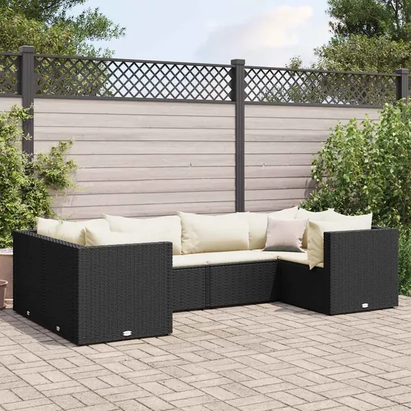 Salon de jardin 6 pcs avec coussins Noir Résine tressée