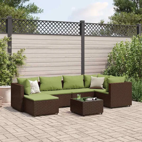 Salon de jardin avec coussins 7 pcs marron résine tressée