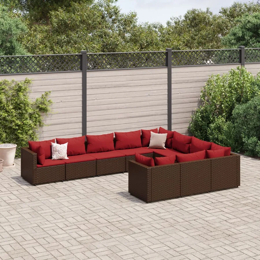 Salon de jardin 10 pcs avec coussins marron résine tressée