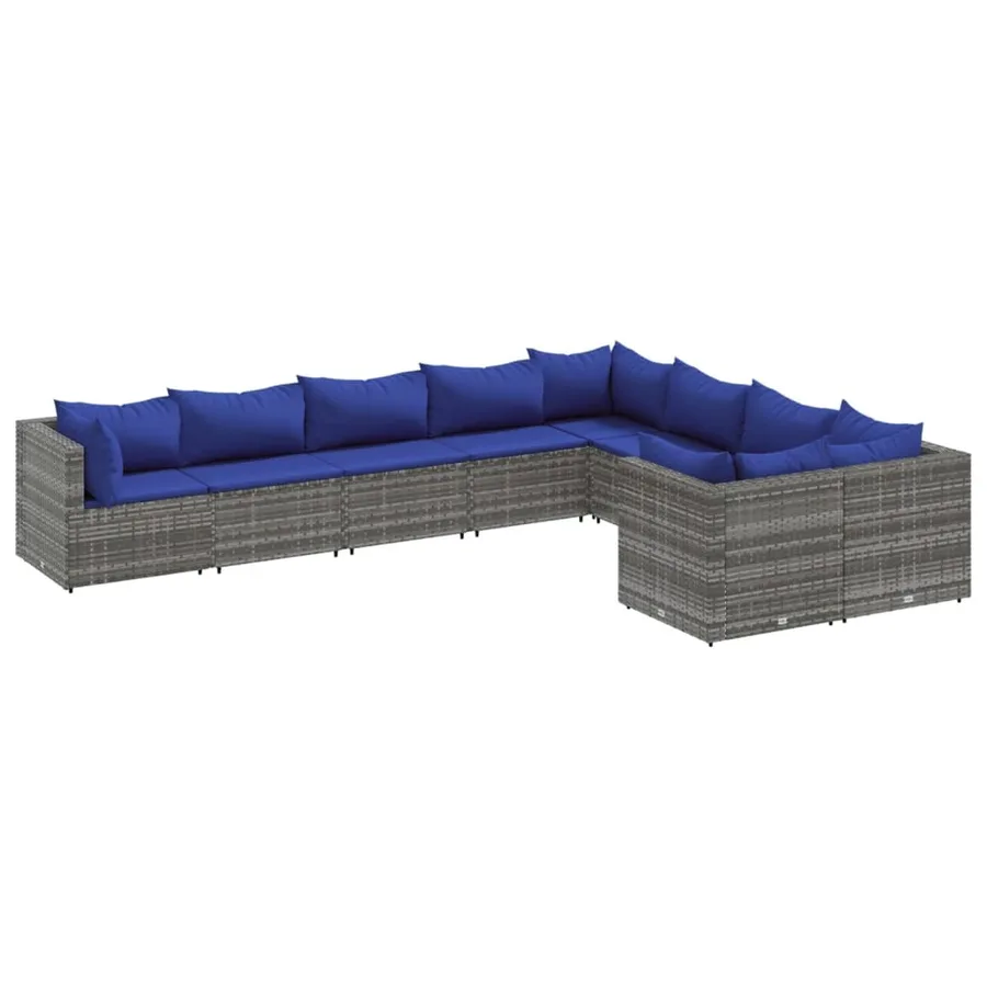 Salon de jardin 9 pcs avec coussins gris résine tressée - 2