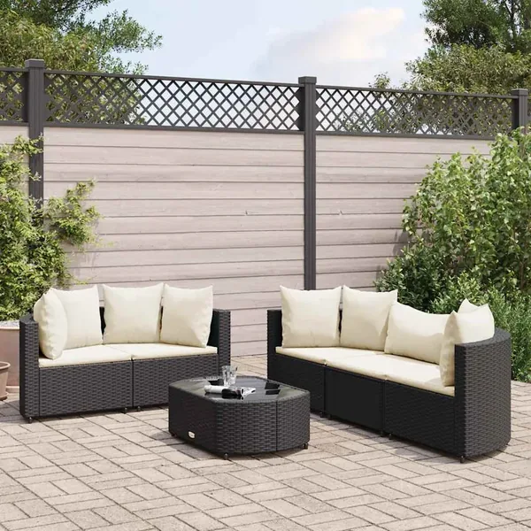 Salon de jardin 6 pcs avec coussins noir résine tressée