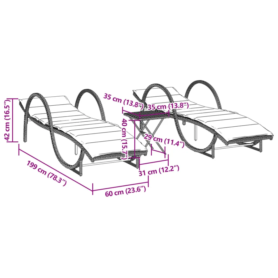 Chaises longues lot de 2 avec table noir résine tressée - 13