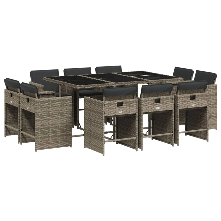 Ensemble à manger de jardin 11pcs avec coussins gris poly rotin - 2