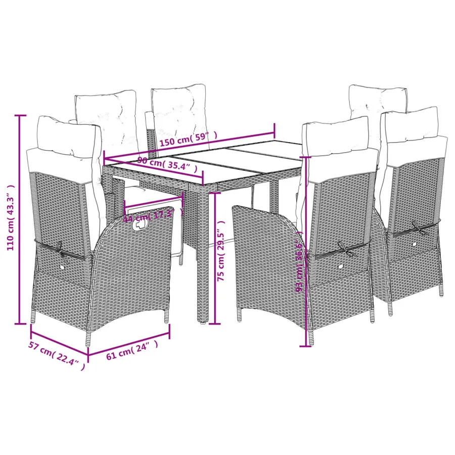Ensemble à manger de jardin et coussins 7 pcs gris rotin - 9