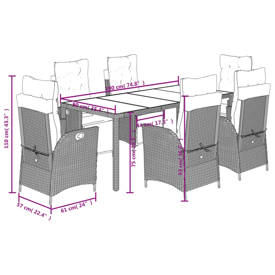 Ensemble à manger de jardin et coussins 7 pcs gris rotin - 9