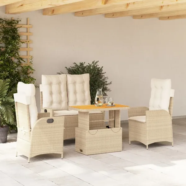 Ensemble à manger de jardin coussins 4 pcs beige résine tressée