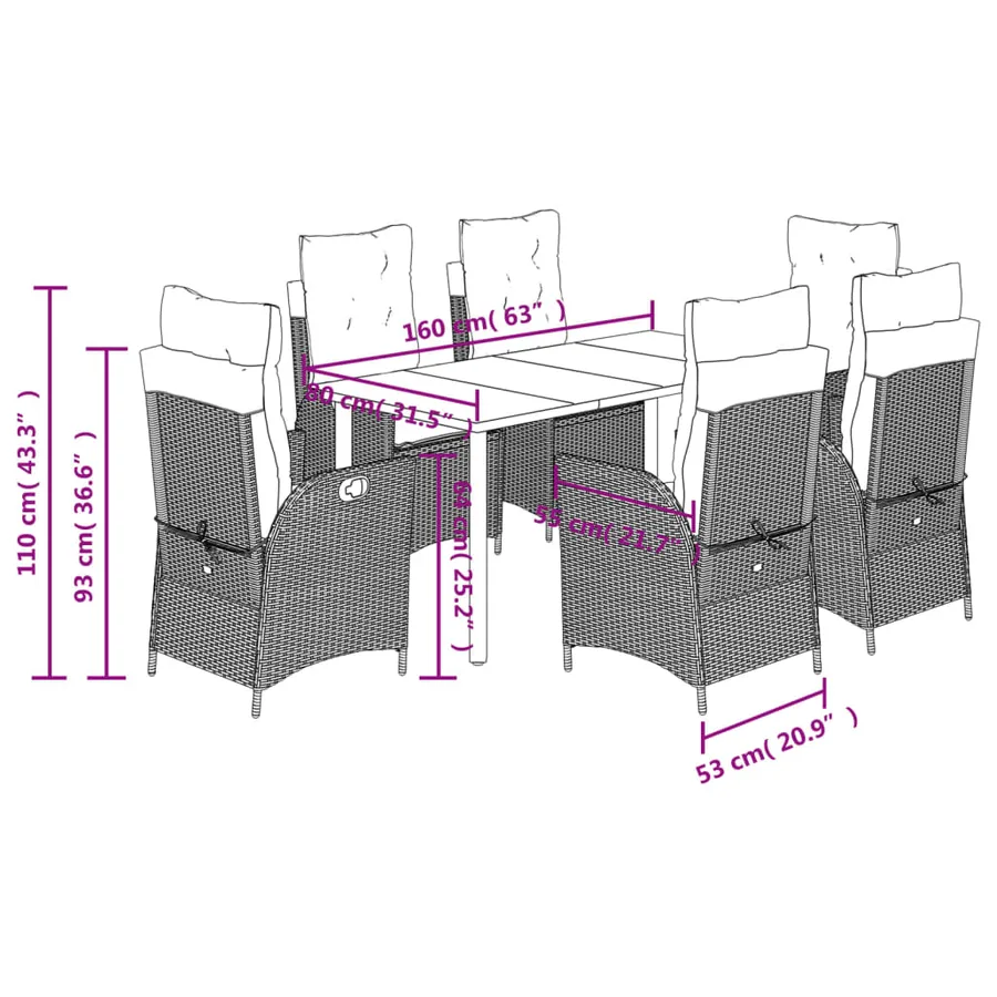 Ensemble à manger de jardin et coussins 7 pcs gris rotin - 9
