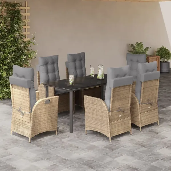 Ensemble à manger de jardin et coussins 7 pcs beige poly rotin