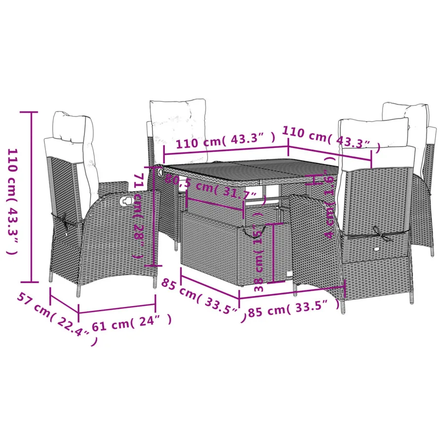 Ensemble à manger de jardin avec coussins 5pcs Beige poly rotin - 8